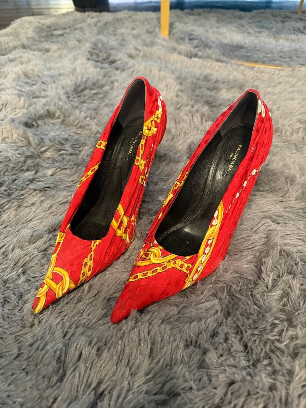 Balenciaga Red and Gold Chain-Print Pointed Toe Pumps